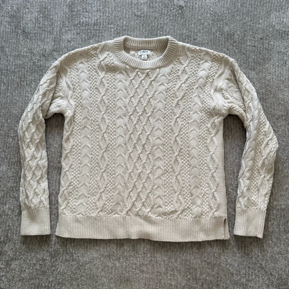 J.Crew Cream Fisherman Cable Knit Cotton‎ Sweater Size Small Classic Crewneck